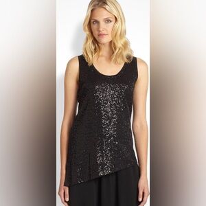 Eileen Fisher Sequin Stretch Silk Black Asymmetric Scoop Neck Tank Top EUC Sz XS
